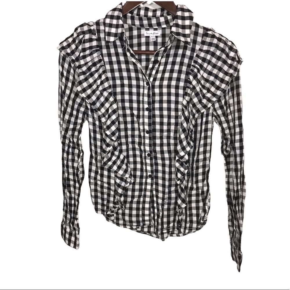 Francesca's NWT Gingham Black and White Ruffle Button Down Shirt